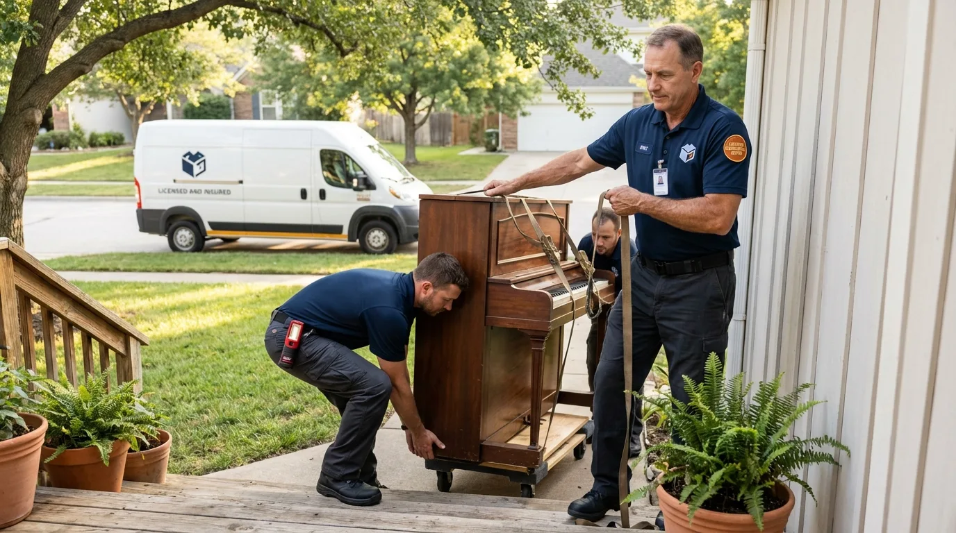 Licensed piano movers securing grand piano in Sylva, NC