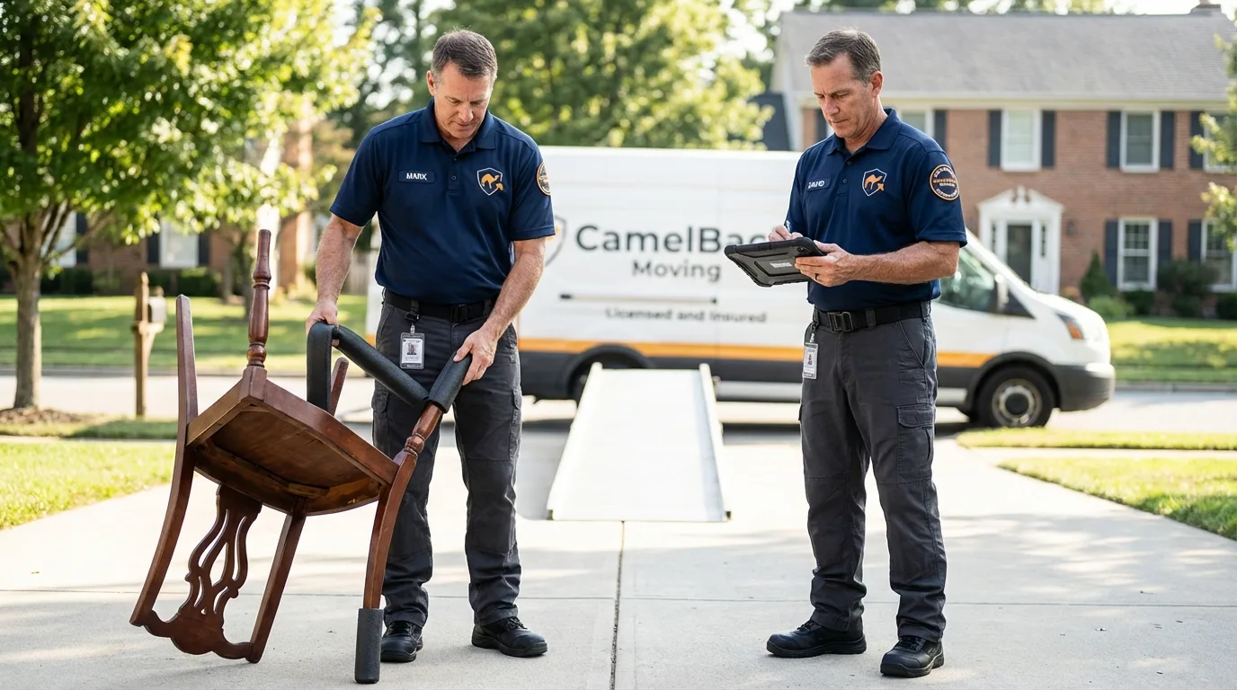 Movers inspecting furniture for damage prevention before loading in Sylva, NC