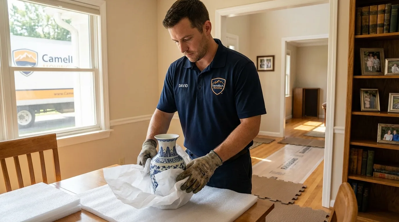 Professional crew carefully wrapping antique vase for senior downsizing move in Sylva, NC